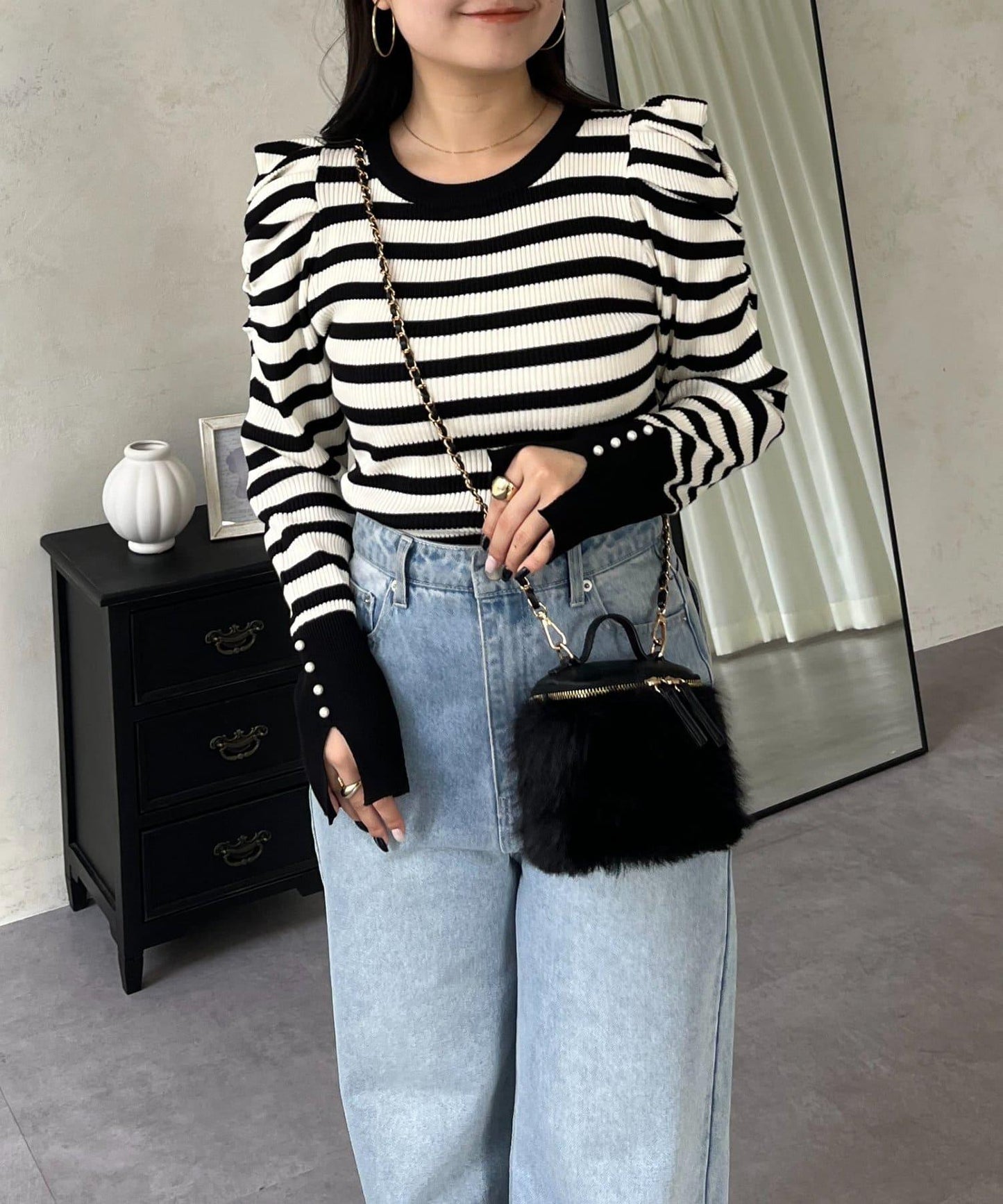 袖珍珠泡泡袖羅紋針織衫