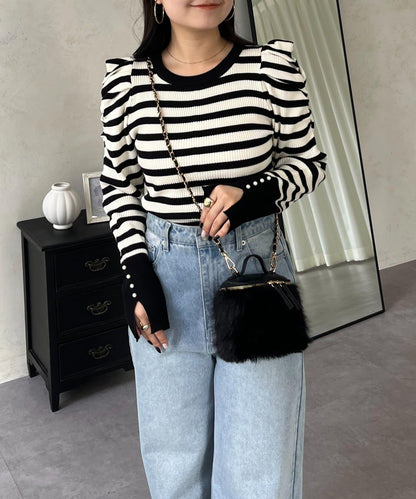 袖珍珠泡泡袖羅紋針織衫