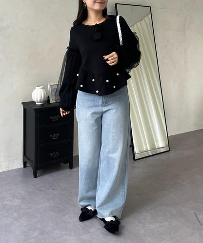 袖部網紗珍珠荷葉邊衛衣