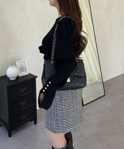 袖珍珠泡泡袖羅紋針織衫