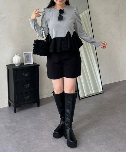 下襬荷葉邊磨毛羅紋針織上衣