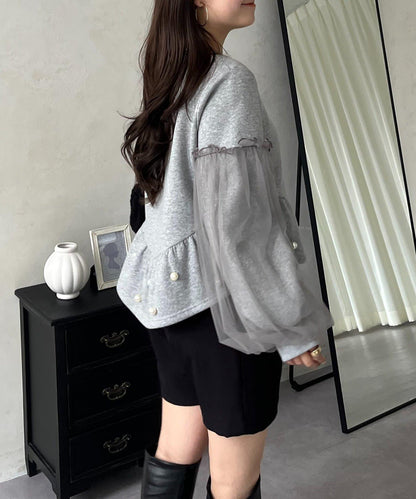 袖部網紗珍珠荷葉邊衛衣