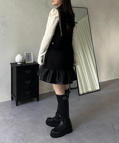 下襬氣球袖呢料連衣裙