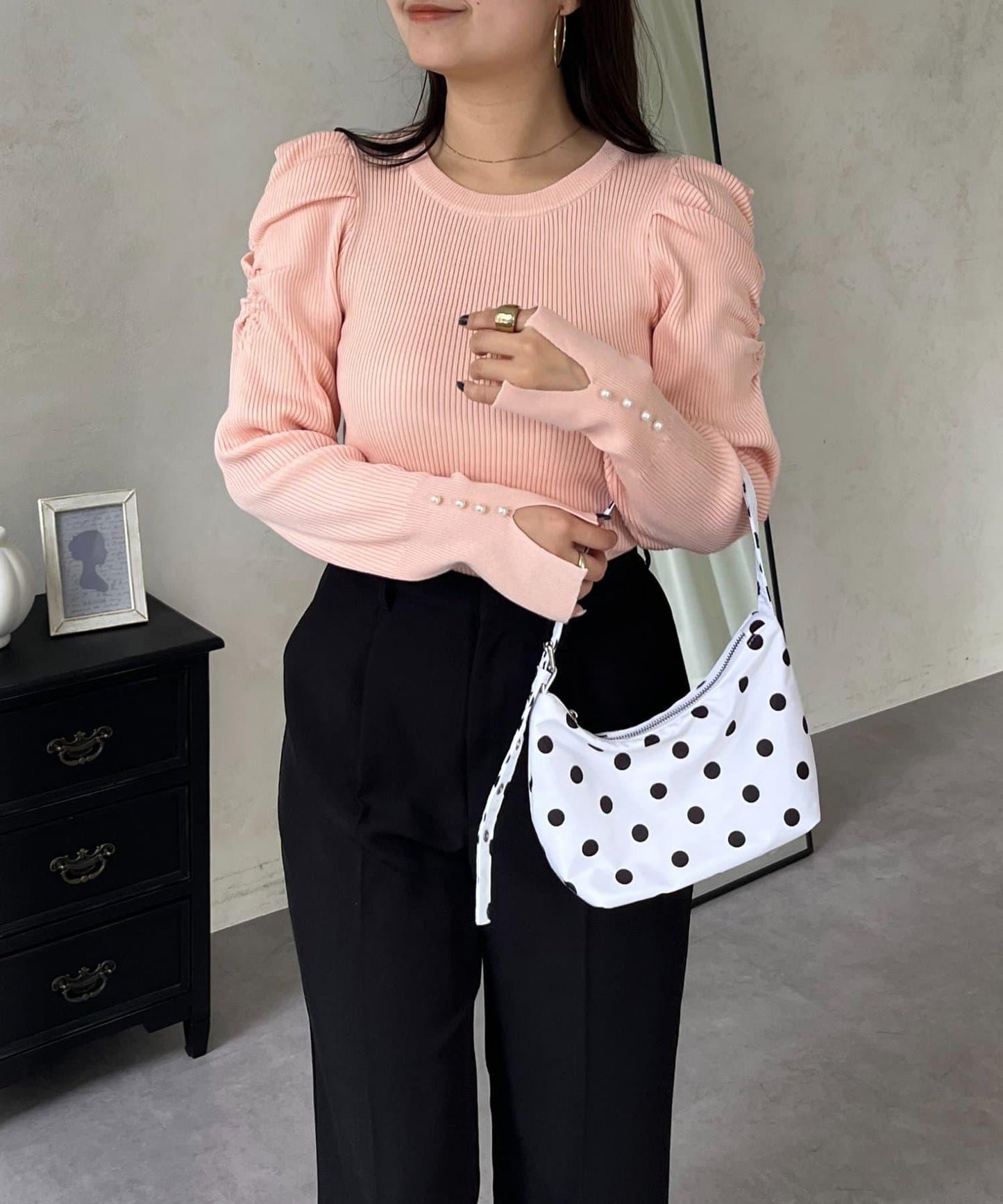 袖珍珠泡泡袖羅紋針織衫