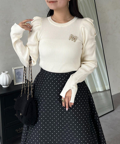 袖珍珠泡泡袖羅紋針織衫