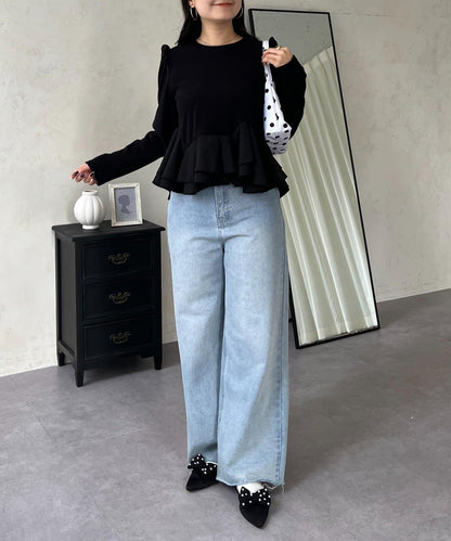 下襬荷葉邊磨毛羅紋針織上衣