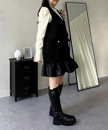 下襬氣球袖呢料連衣裙