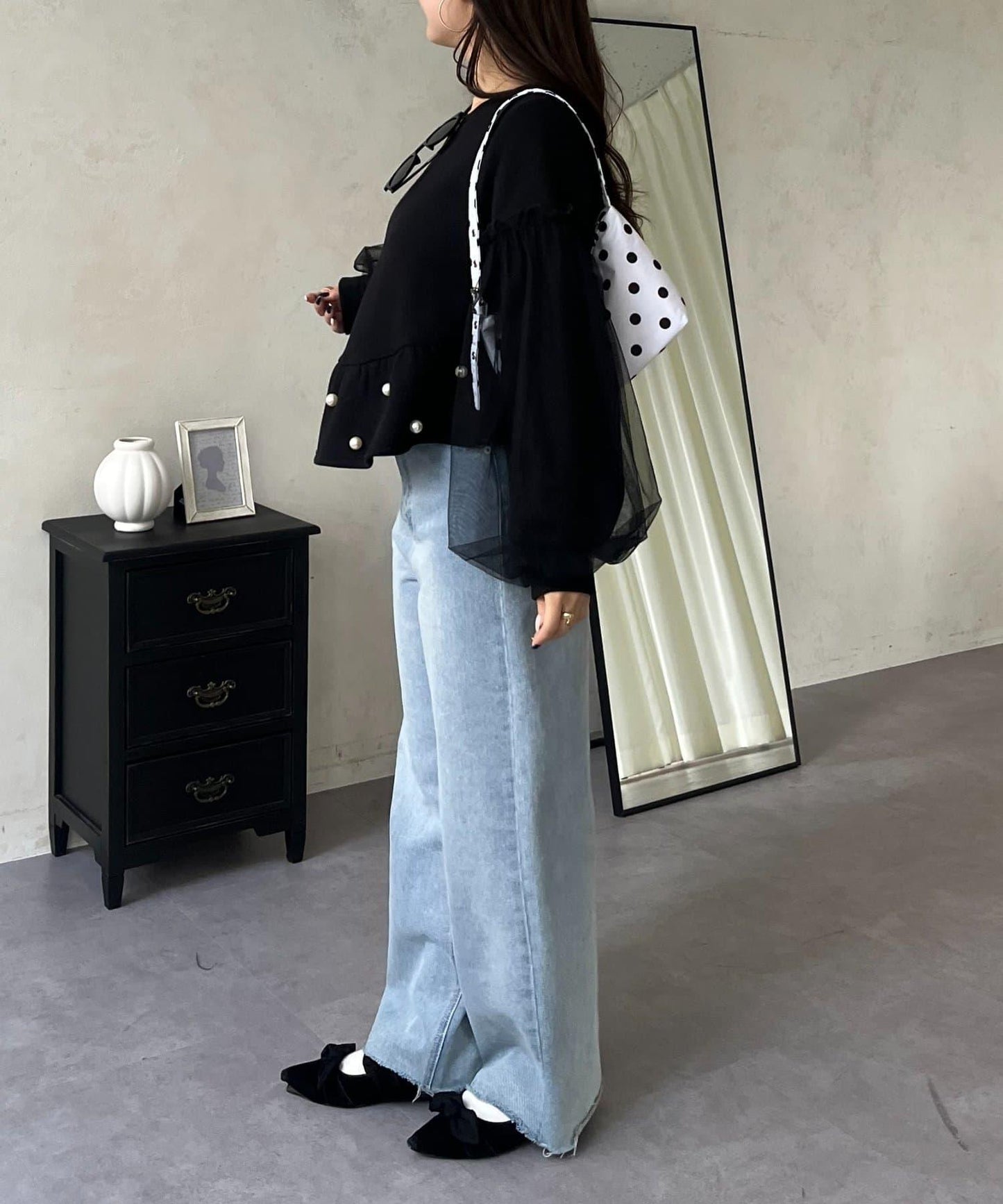 袖部網紗珍珠荷葉邊衛衣