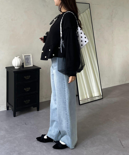 袖部網紗珍珠荷葉邊衛衣