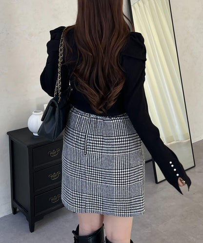 袖珍珠泡泡袖羅紋針織衫