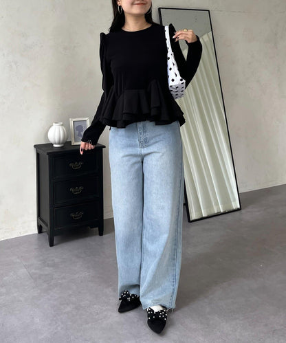 下襬荷葉邊磨毛羅紋針織上衣