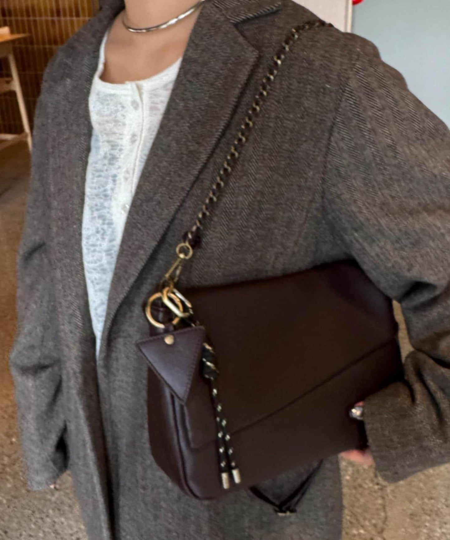 帶鏡子掛飾拼接材質翻蓋鏈條包