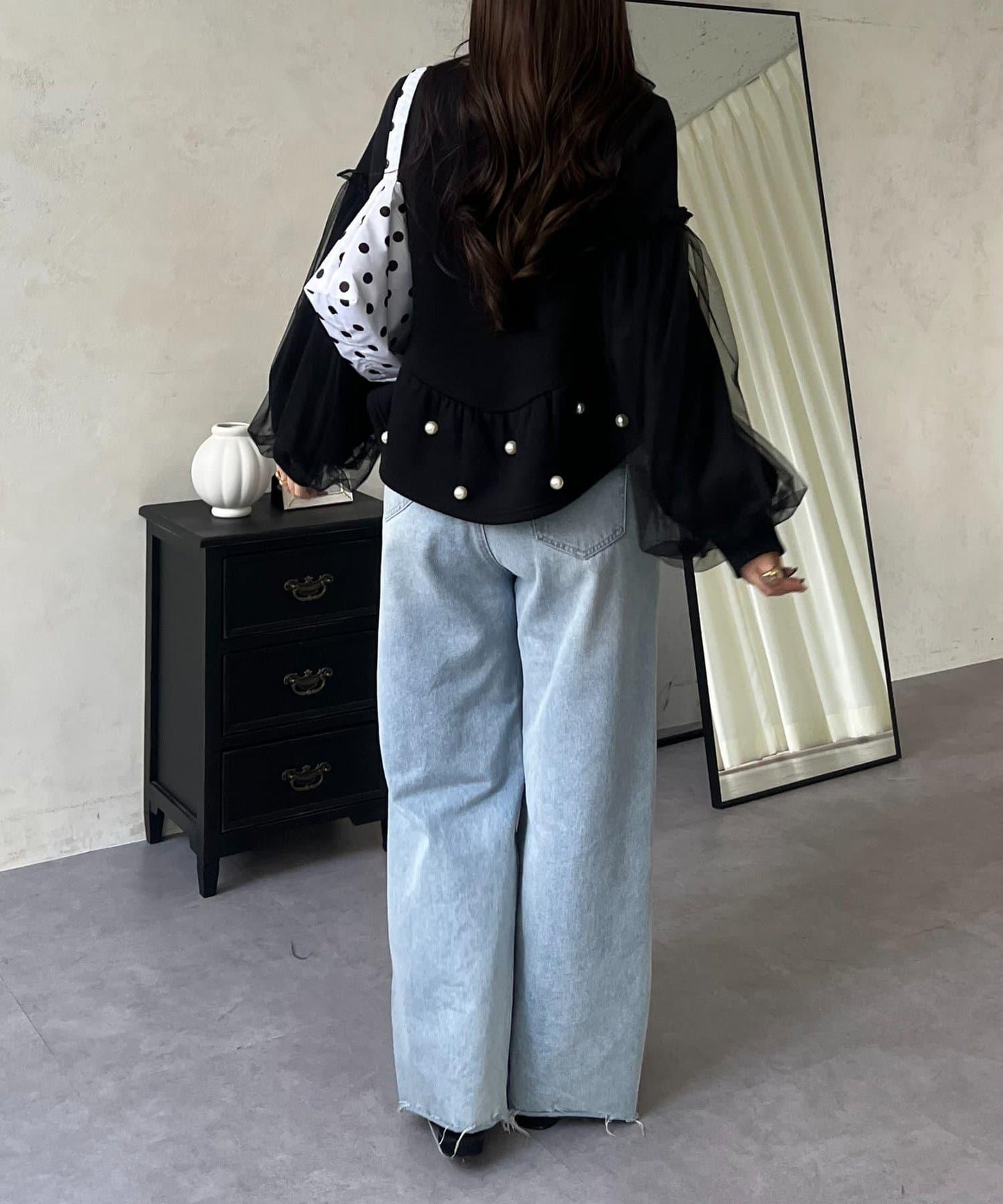 袖部網紗珍珠荷葉邊衛衣