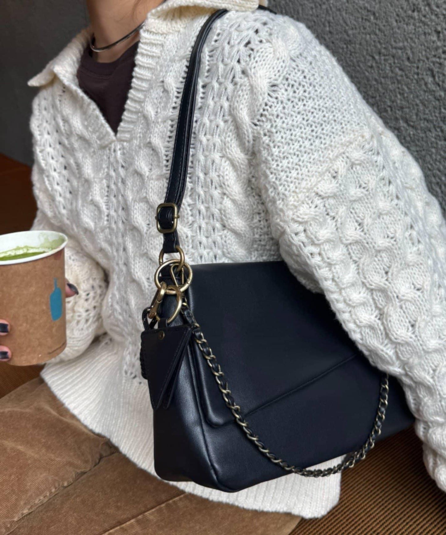 帶鏡子掛飾拼接材質翻蓋鏈條包