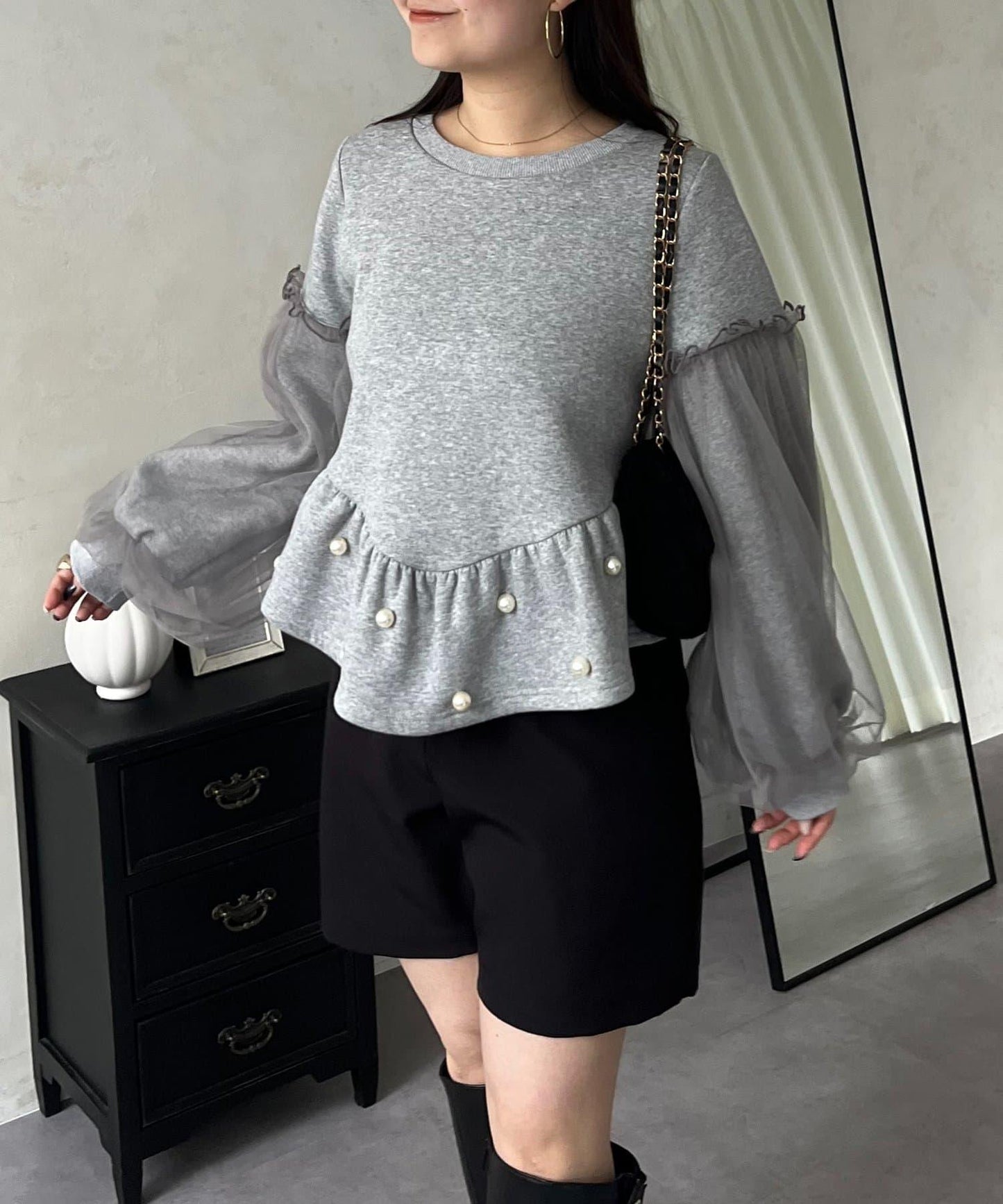 袖部網紗珍珠荷葉邊衛衣