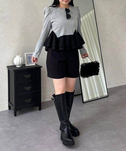 下襬荷葉邊磨毛羅紋針織上衣