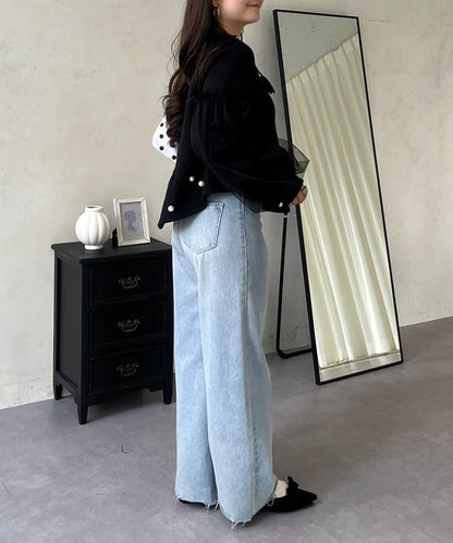 袖部網紗珍珠荷葉邊衛衣