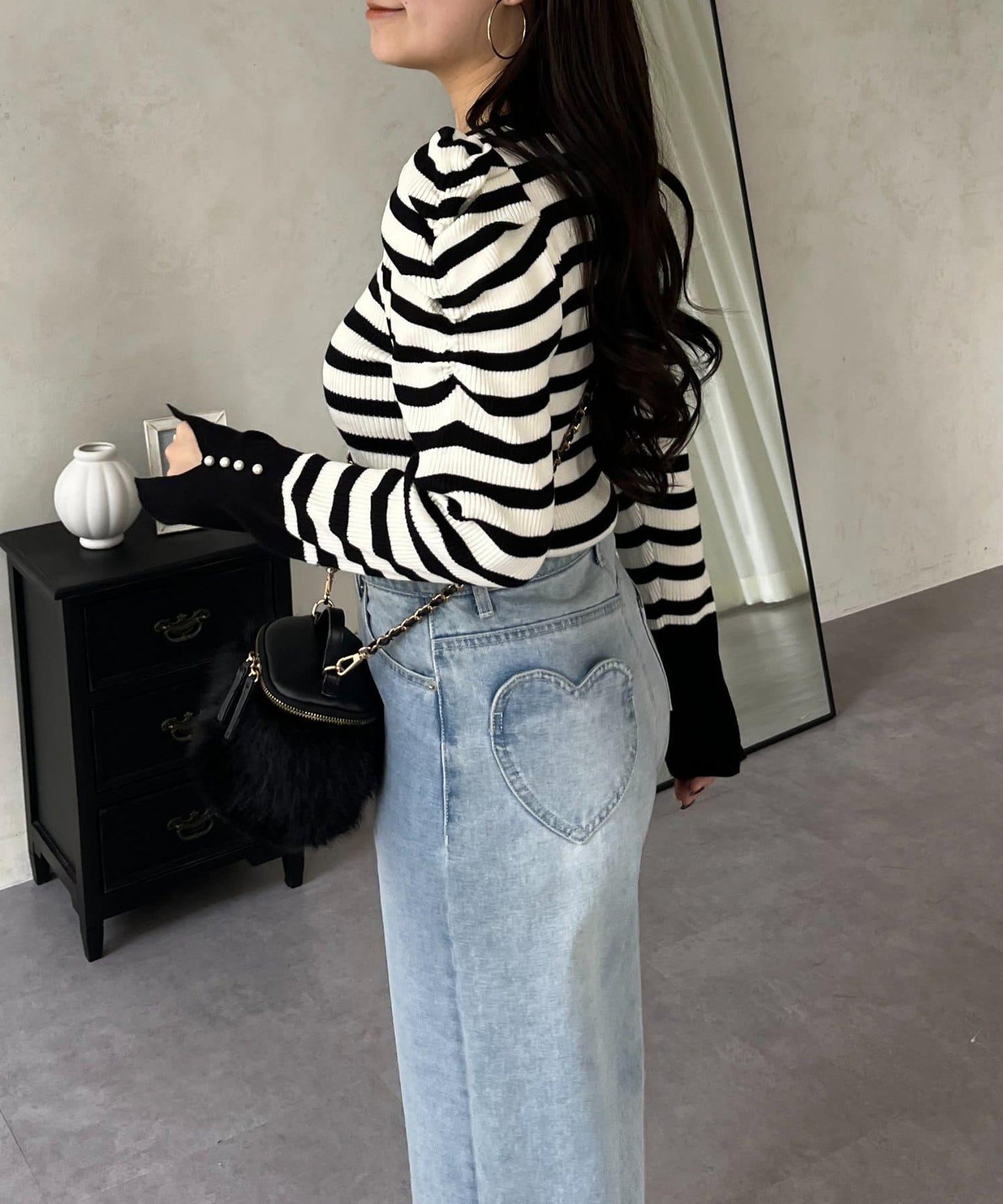 袖珍珠泡泡袖羅紋針織衫