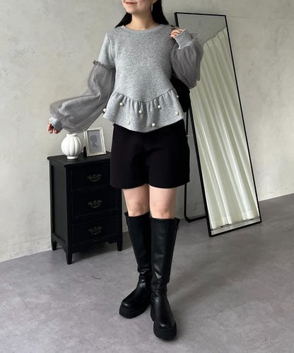 袖部網紗珍珠荷葉邊衛衣