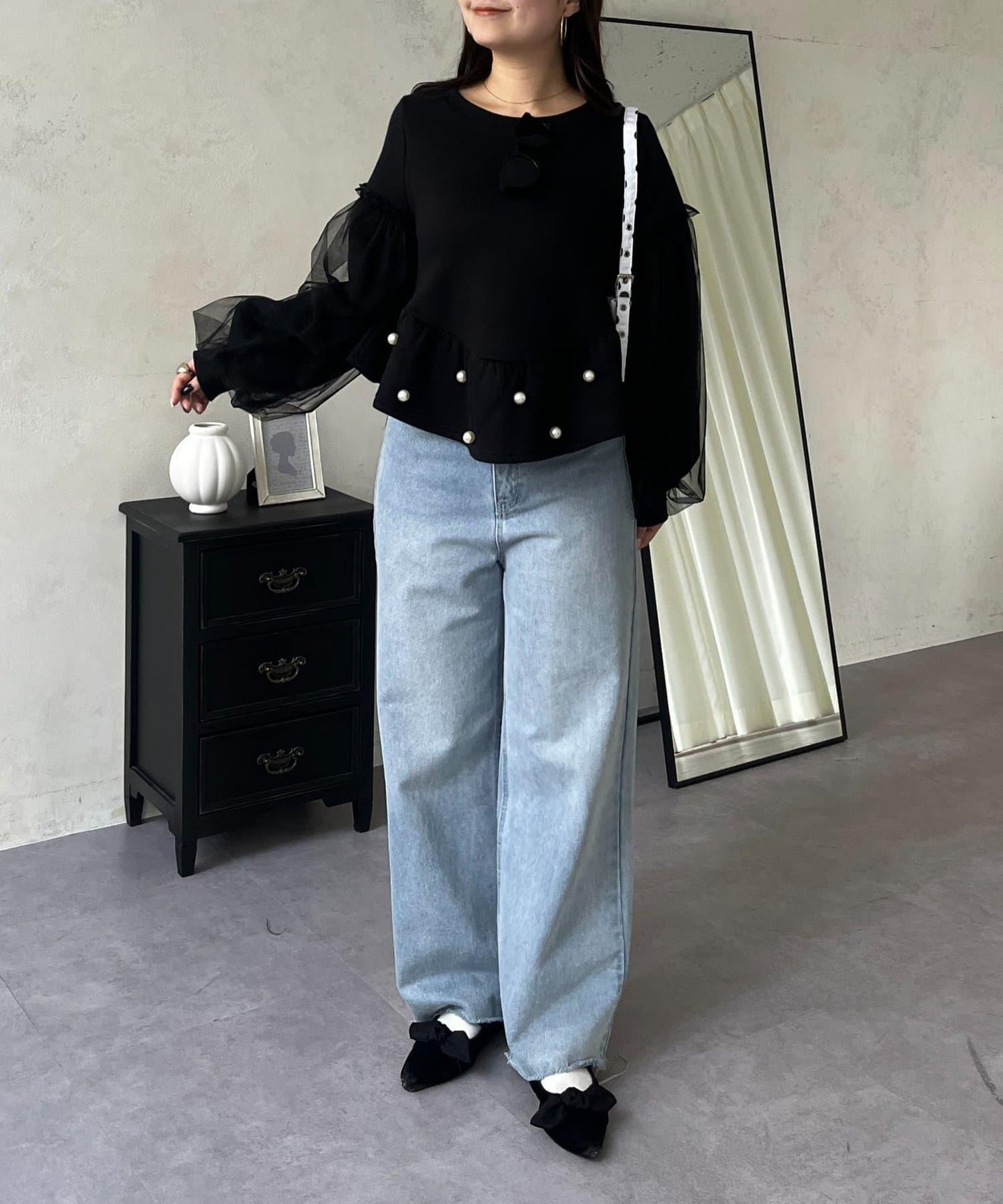 袖部網紗珍珠荷葉邊衛衣