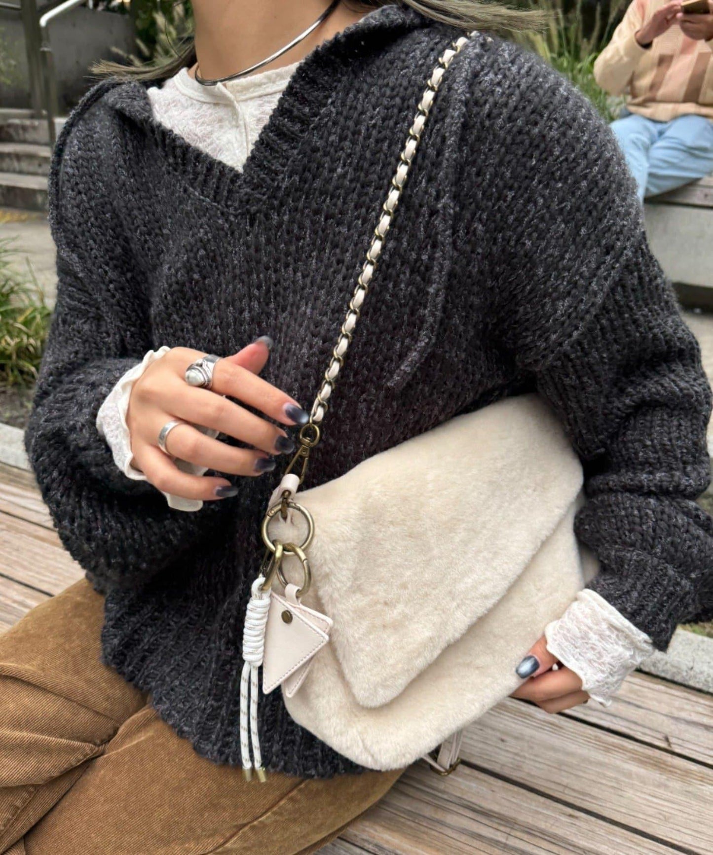 帶鏡子掛飾拼接材質翻蓋鏈條包