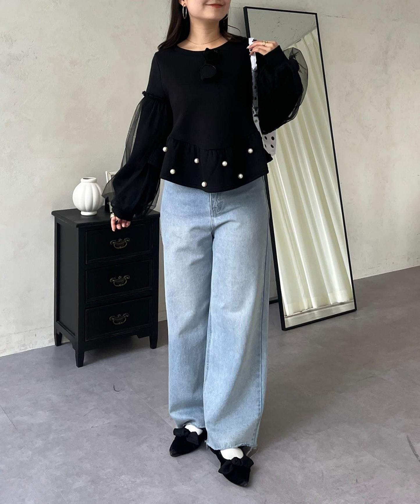 袖部網紗珍珠荷葉邊衛衣