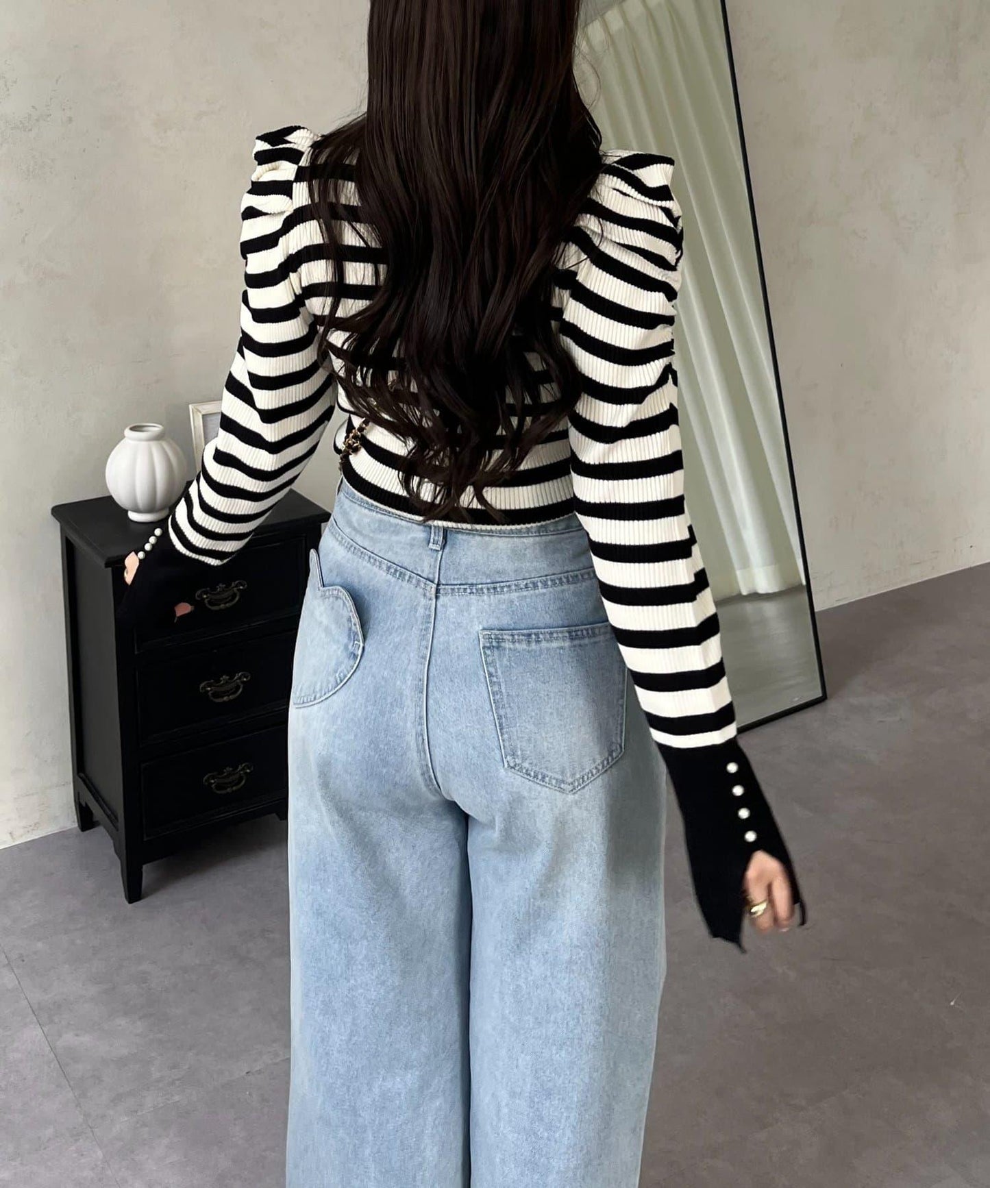 袖珍珠泡泡袖羅紋針織衫