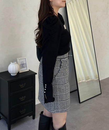 袖珍珠泡泡袖羅紋針織衫