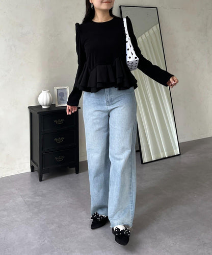 下襬荷葉邊磨毛羅紋針織上衣