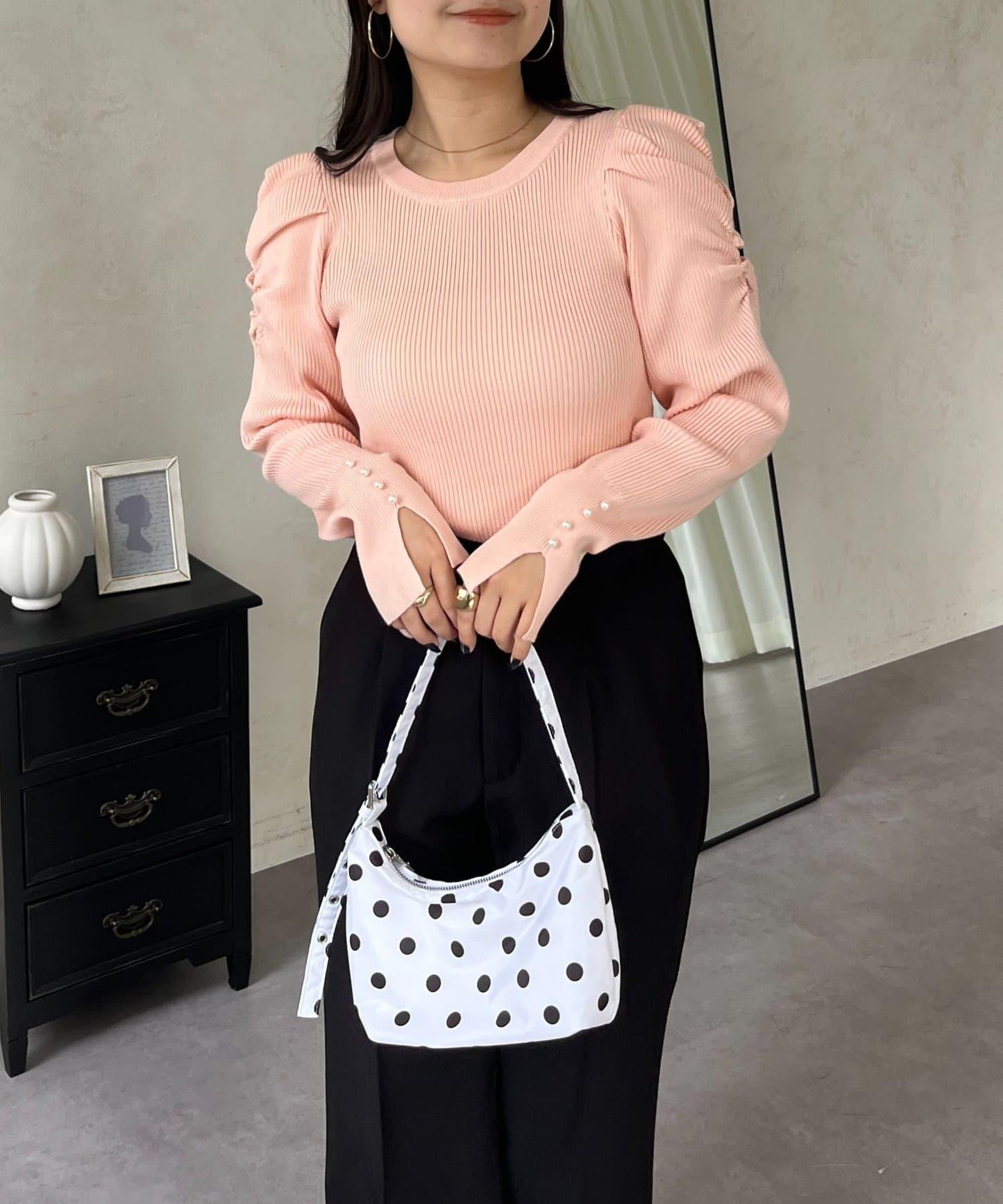 袖珍珠泡泡袖羅紋針織衫