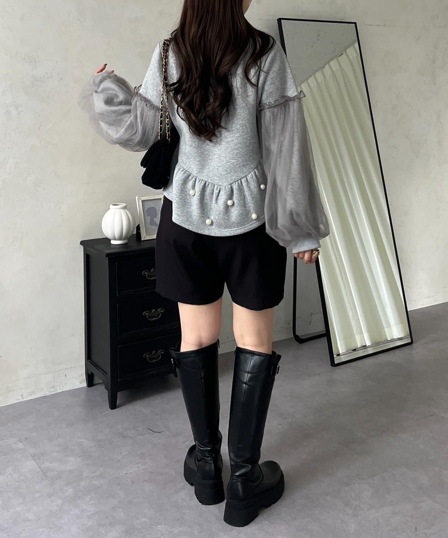 袖部網紗珍珠荷葉邊衛衣