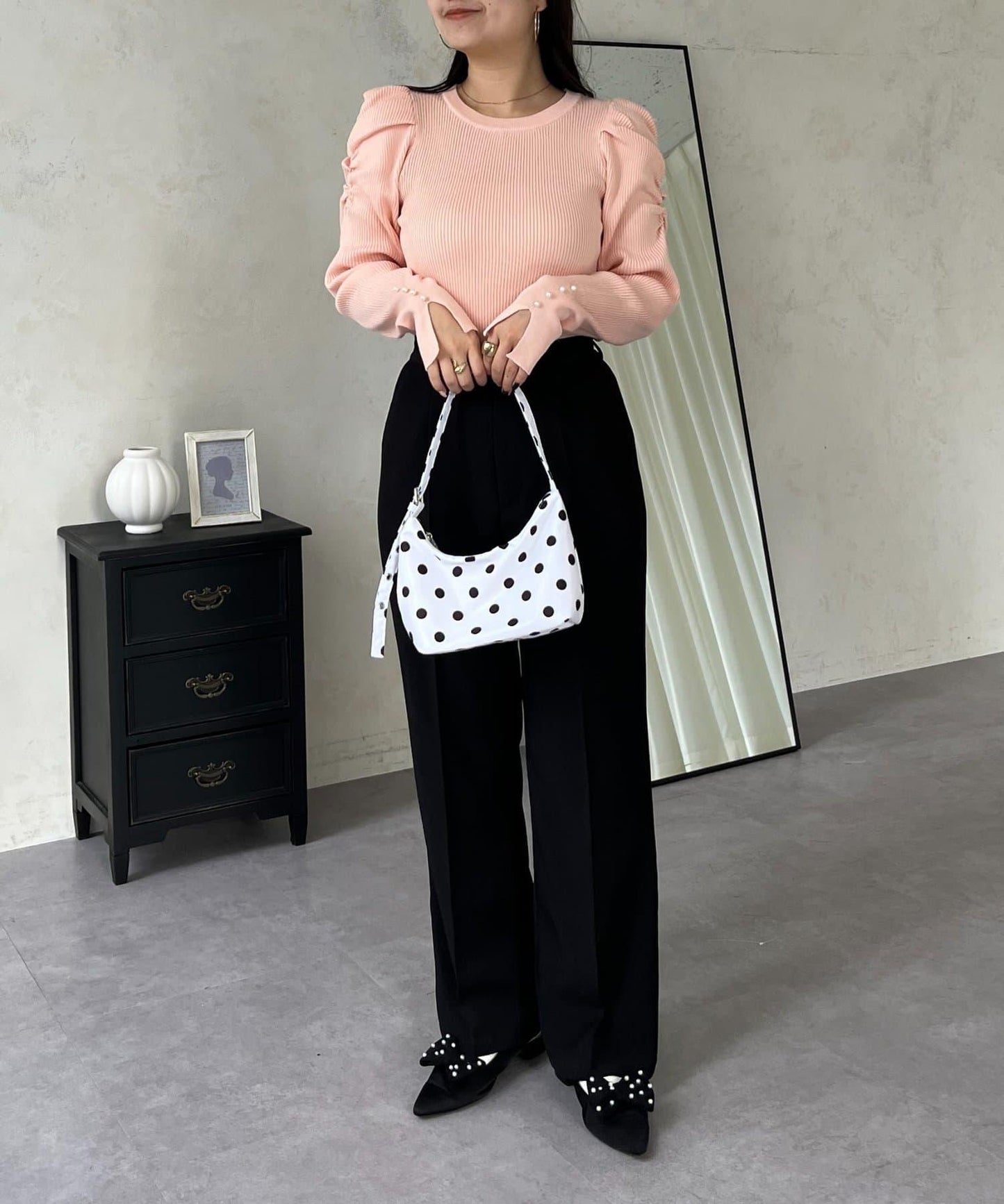 袖珍珠泡泡袖羅紋針織衫