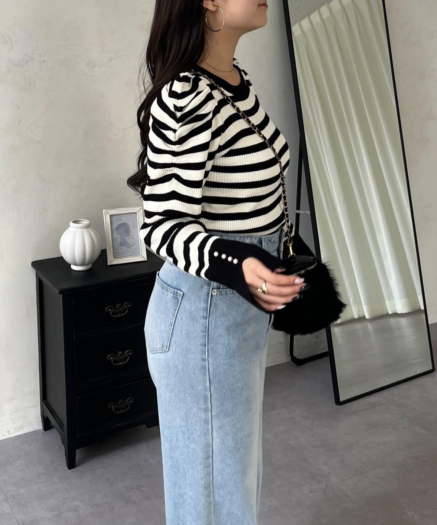 袖珍珠泡泡袖羅紋針織衫