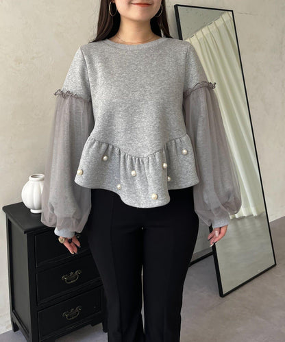 袖部網紗珍珠荷葉邊衛衣