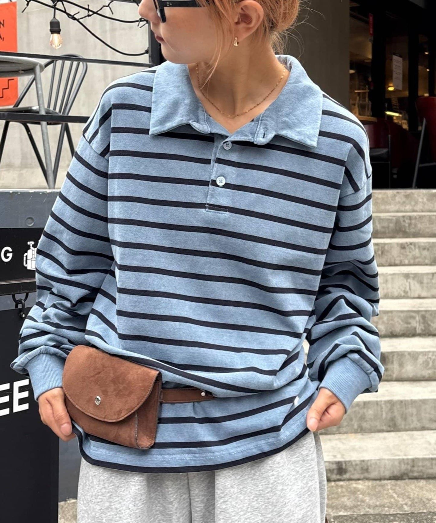 水洗工藝條紋翻領上衣