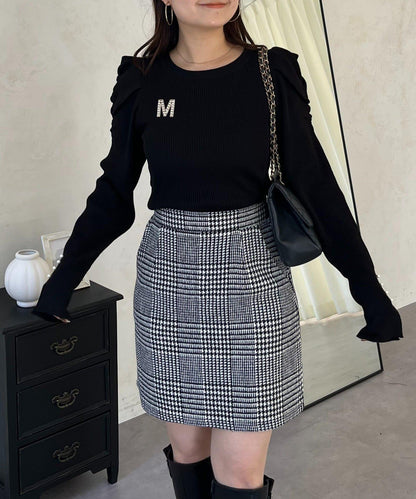 袖珍珠泡泡袖羅紋針織衫