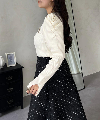 袖珍珠泡泡袖羅紋針織衫