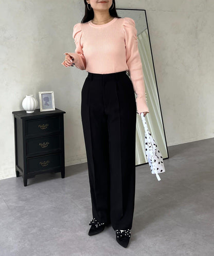 袖珍珠泡泡袖羅紋針織衫