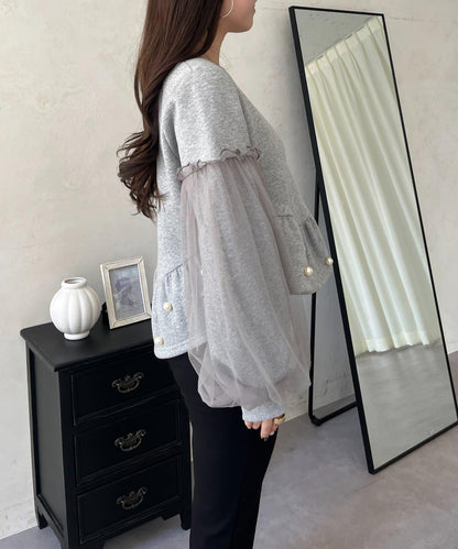 袖部網紗珍珠荷葉邊衛衣