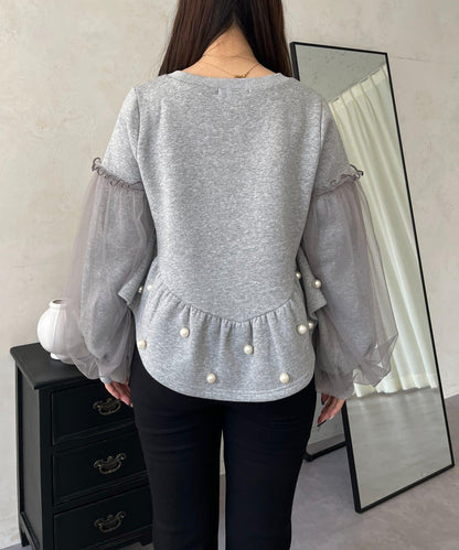 袖部網紗珍珠荷葉邊衛衣