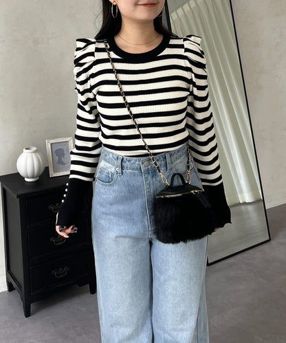 袖珍珠泡泡袖羅紋針織衫