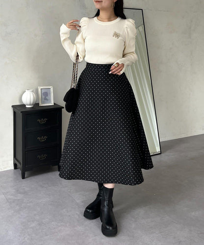 袖珍珠泡泡袖羅紋針織衫