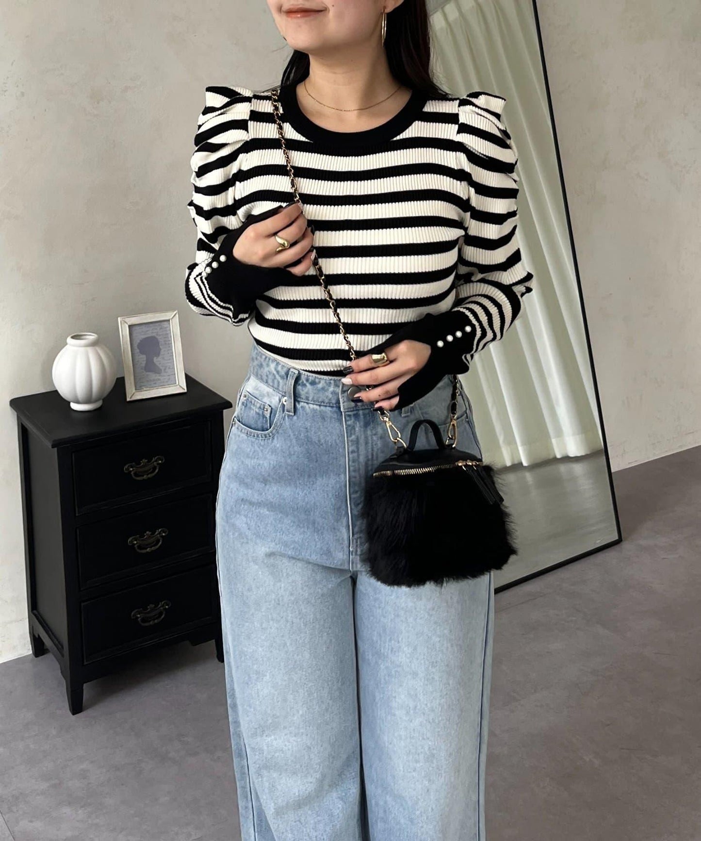 袖珍珠泡泡袖羅紋針織衫