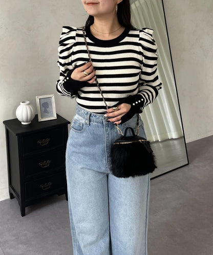 袖珍珠泡泡袖羅紋針織衫