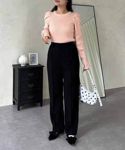 袖珍珠泡泡袖羅紋針織衫