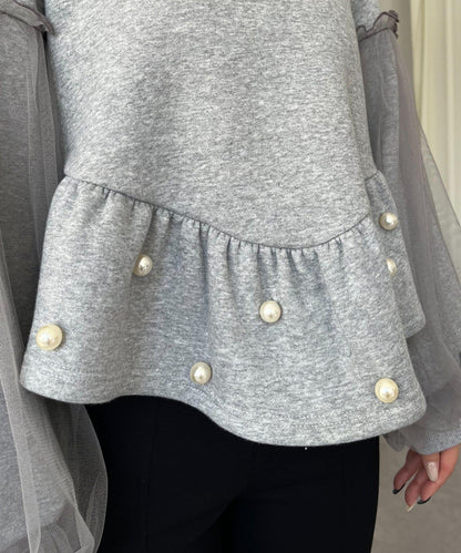 袖部網紗珍珠荷葉邊衛衣