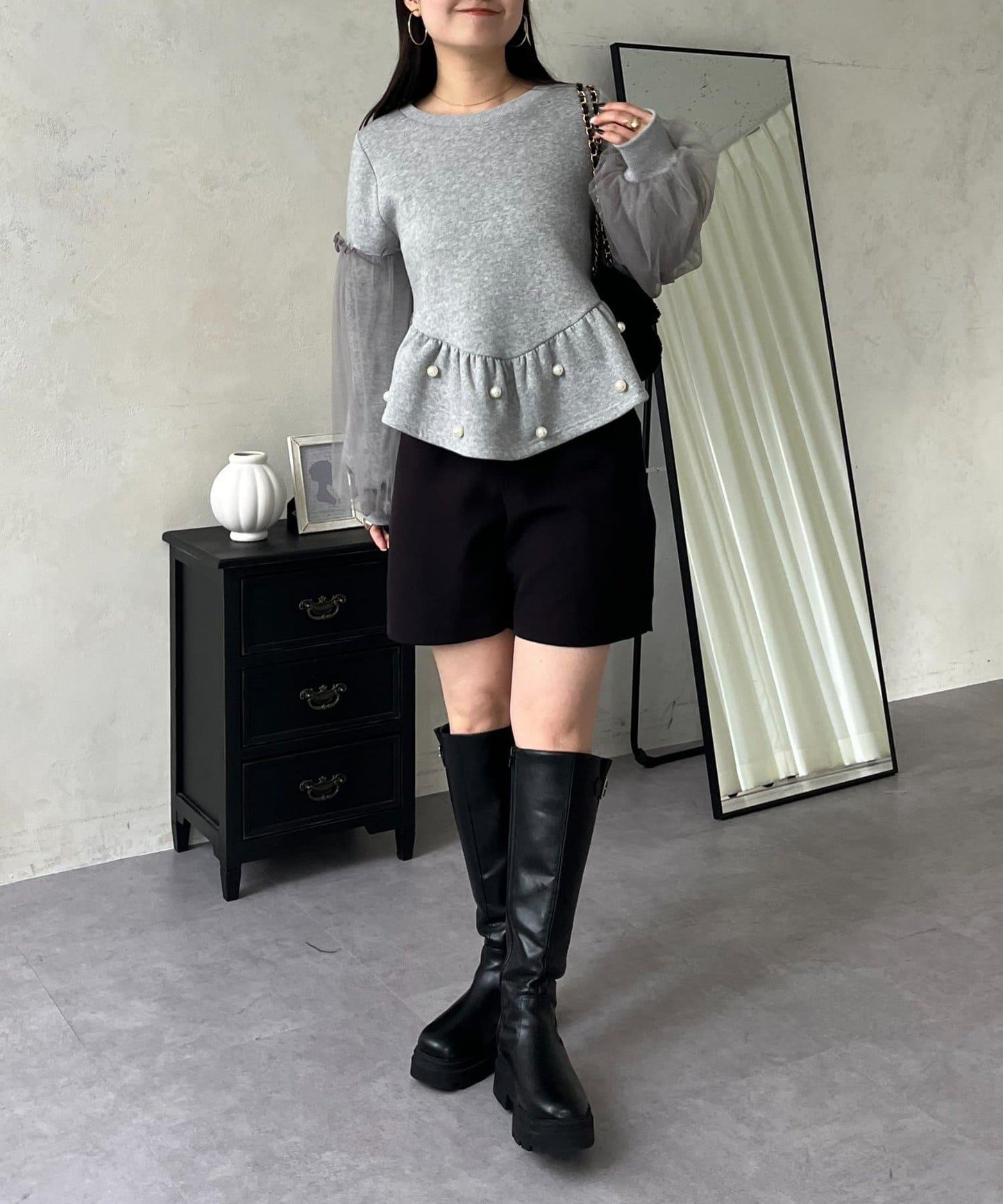 袖部網紗珍珠荷葉邊衛衣