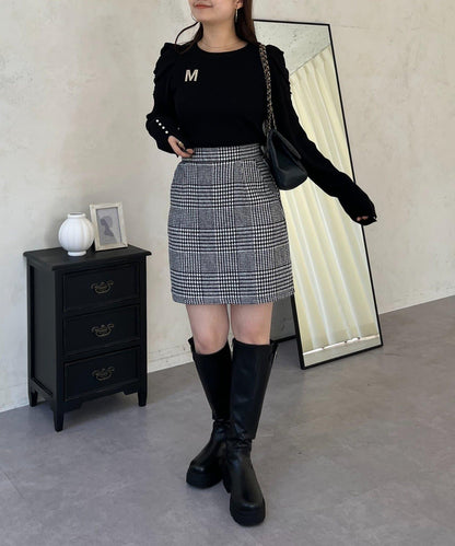 袖珍珠泡泡袖羅紋針織衫