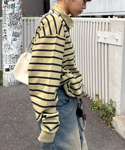 水洗工藝條紋翻領上衣