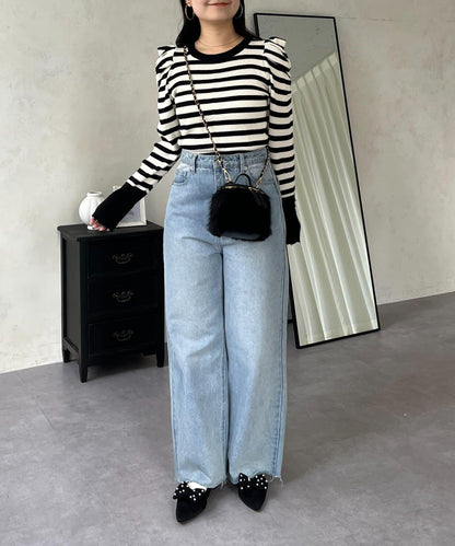 袖珍珠泡泡袖羅紋針織衫